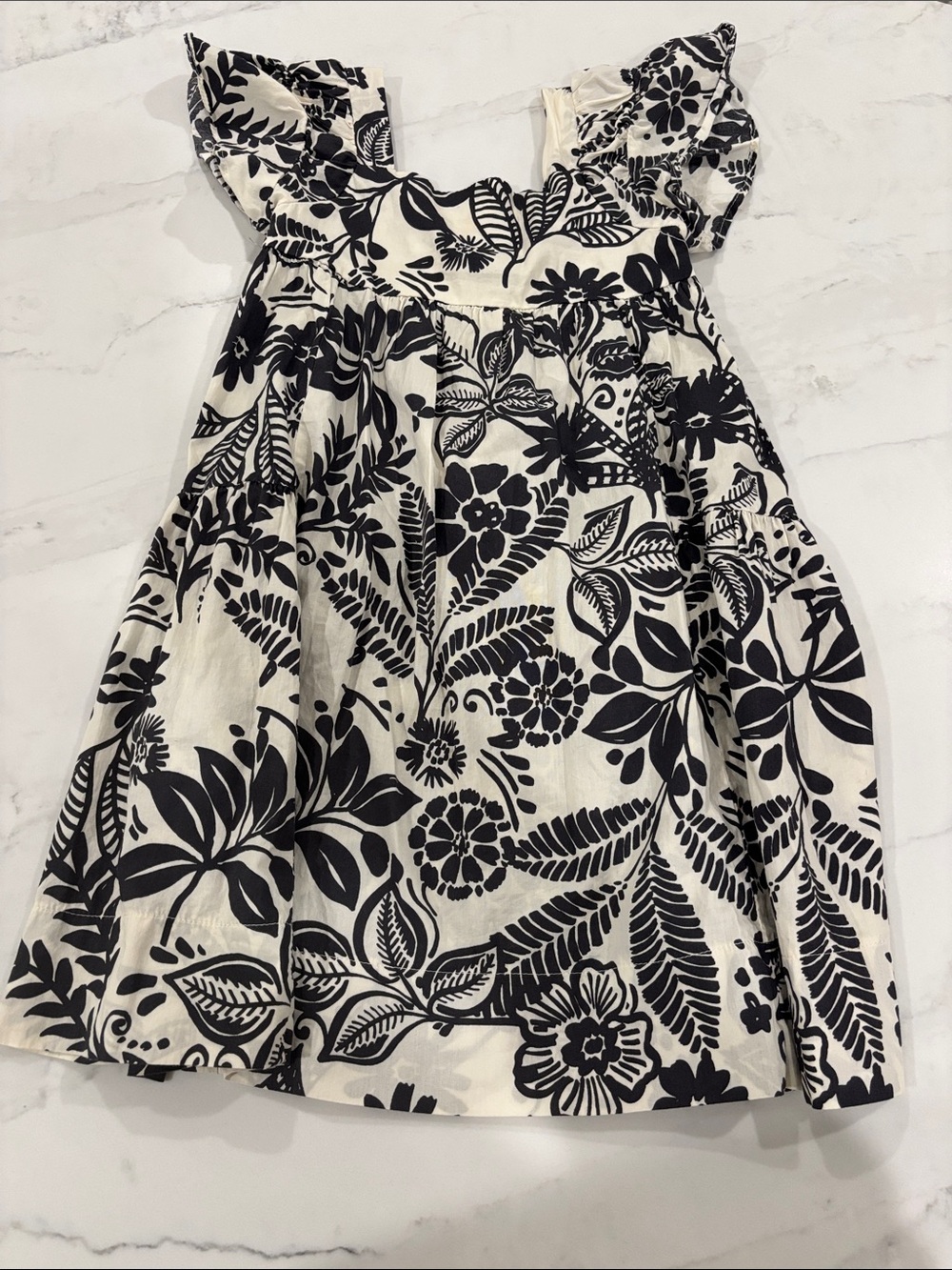 Zara Girls' Black and White Floral Flutter-Sleeve Dress